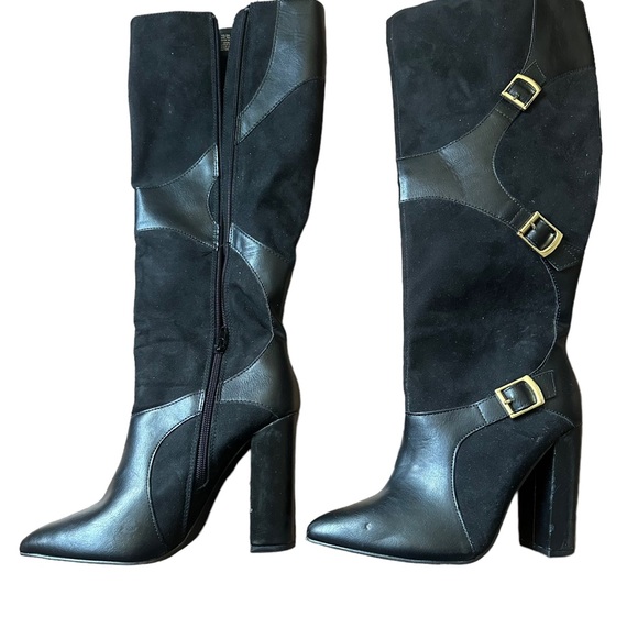 Yelda Black Knee Boots Gold Tone Buckles Size 7.5 Just Fab - Picture 6 of 9